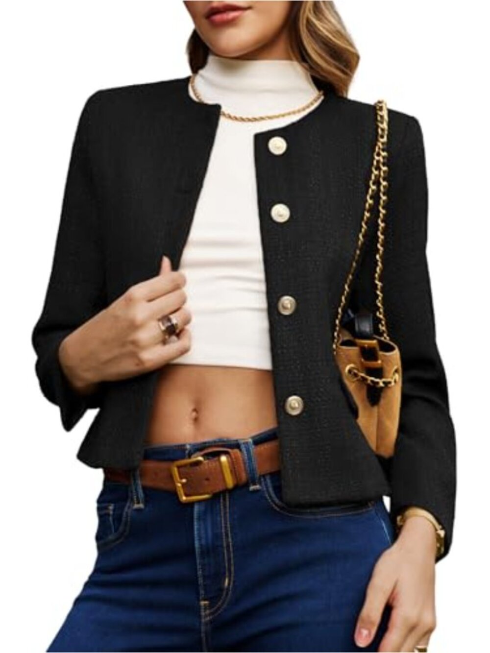 Cropped Tweed Blazer Collarless Button Down Business Casual Flap Pockets